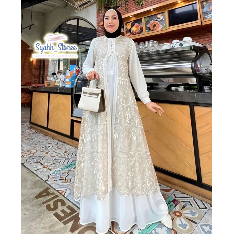 Gamis Dengan Outer Brukat Viral 2023 Ayunda Dress Ceruty Babydoll Mix Brukat Menyatu Premium Dress K