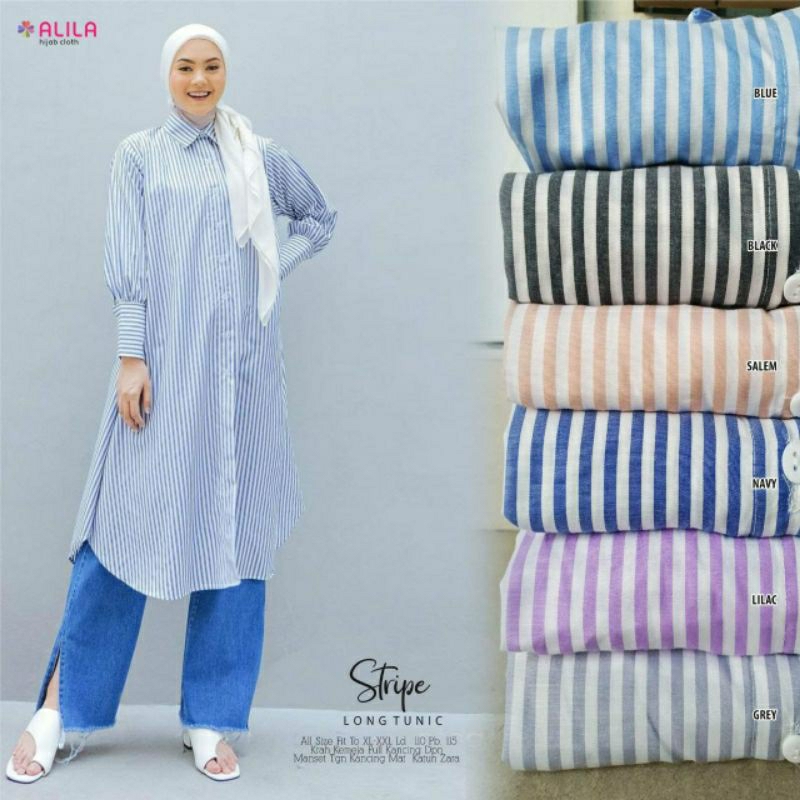 baju wanita stripe long tunik ori alila bahan katun motif garis salur busui
