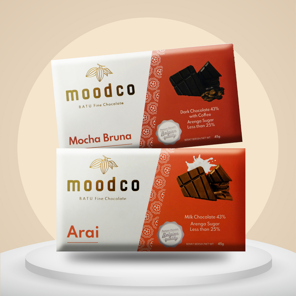 

Moodco Fine Chocolate | Bundling 2 Varian Produk Mocha Bruna & Arai 45 gr | Coffee Chocolate & Milk Chocolate | Real Coklat Bukan Coklat Kompon