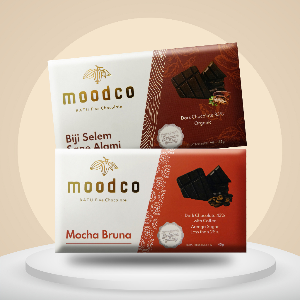 

Moodco Fine Chocolate | Bundling 2 varian Cokelat Bar Mocha Bruna & Biji Selem Sane Alami 45 gr | Coffee Chocolate & Dark Chocolate 83% | Real Coklat Bukan Coklat Kompon