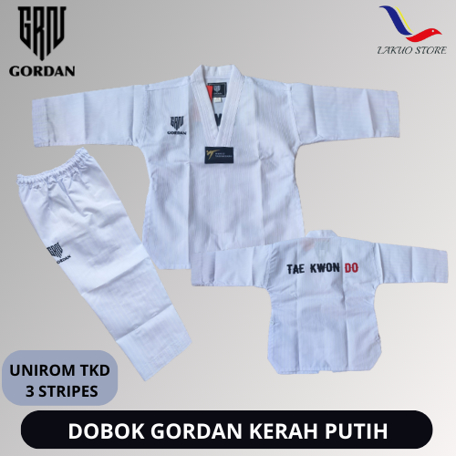 DOBOK GORDAN 3 STRIPES / SERAGAM TAEKWONDO KERAH PUTIH / DOBOK KERAH PUTIH / KERAH PUTIH