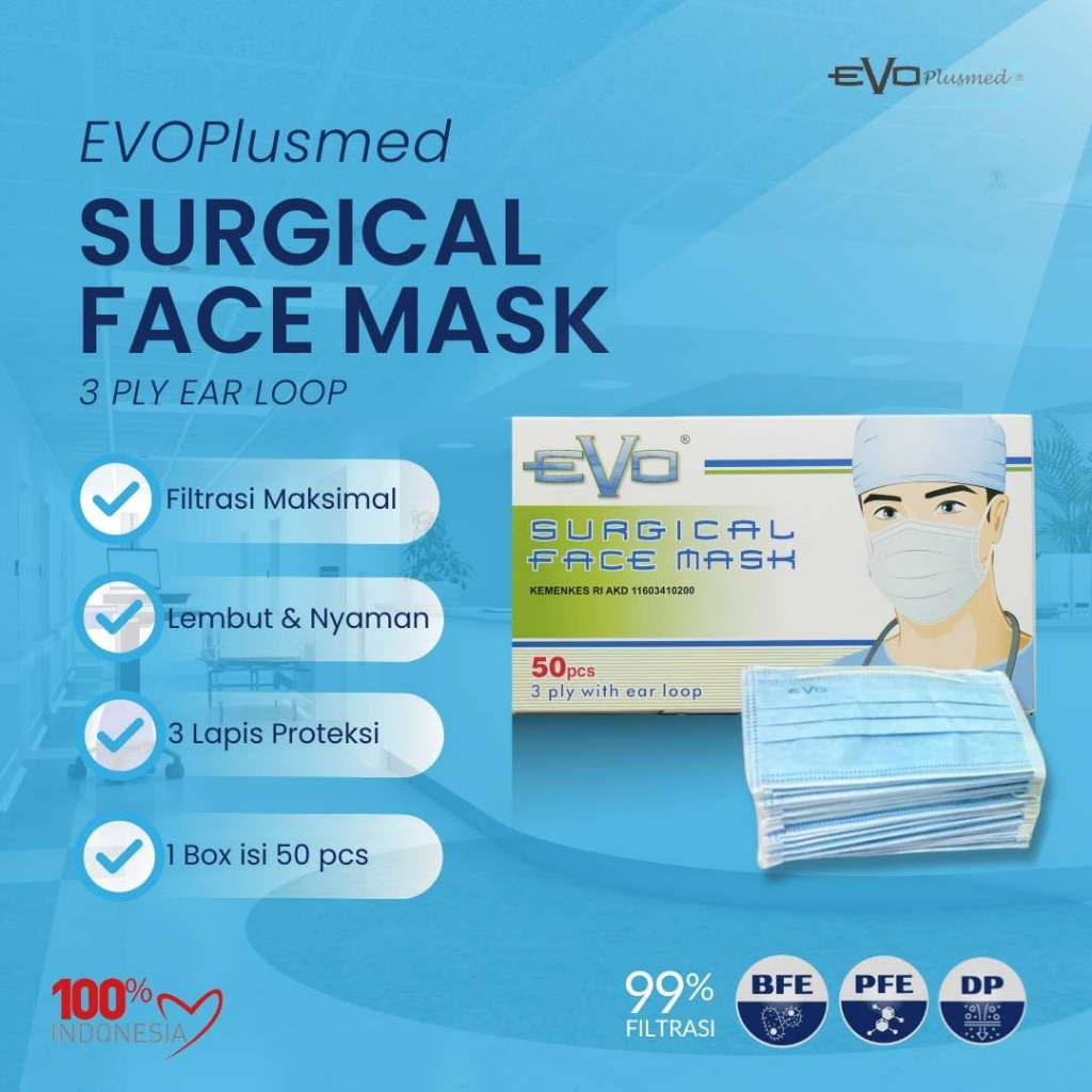 Evo Plusmed Masker Surgical Face Mask 3ply Ear Loop Box 50