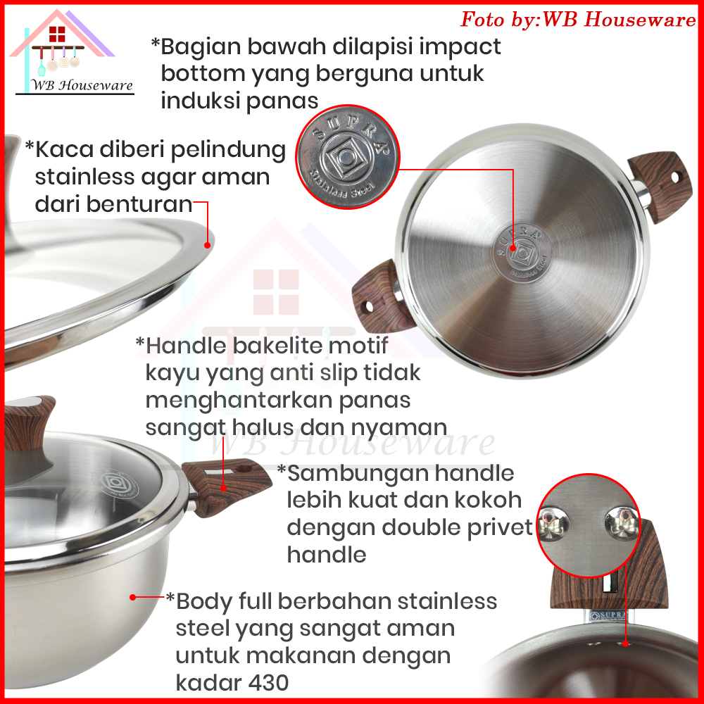 SUPRA Panci Stainless Steel Dutch Oven 24 Cm impact premium + ladle / wajan rebus masak sayur + tutup kaca