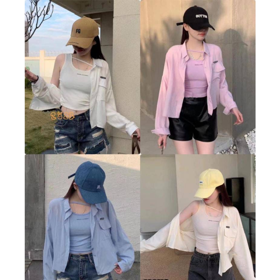 BLOUSE 2IN1 MINA INNER TANGTOP KNIT ORIGINAL & AUTHENTIC OUTER CROP TOP KEMEJA ONE POCKET PREMIUM RA