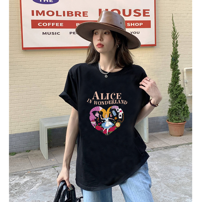 Kaos Wanita Korean Style Cartoon Alice Motif Printed Kaos Cream Import Oversize Kekinian T-Shirt