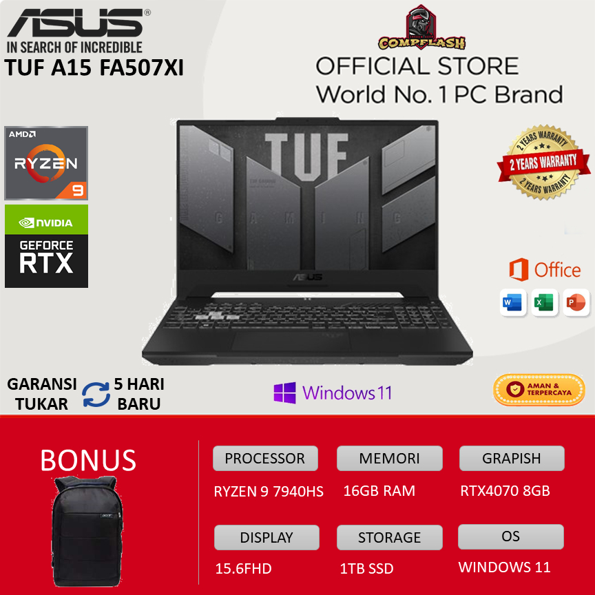 LAPTOP ASUS TUF A15 FA507XI - RYZEN 9 7940HS 16GB 512GB SSD RTX4070 8GB WINDOWS 11 15.6FHD 144Hz