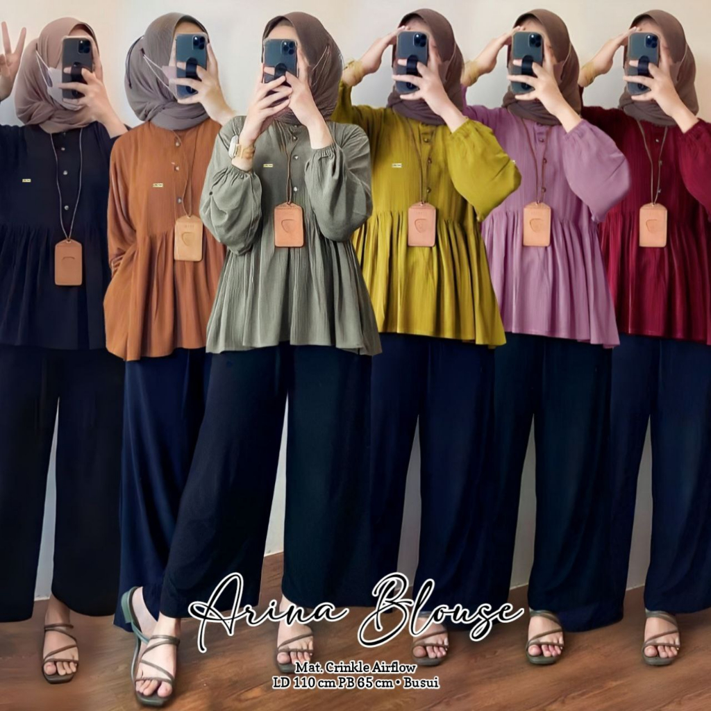 ATASAN WANITA TERBARU ARINA BLOUSE CRINKLE AIRFLOW PREMIUM REMPEL MUTER LENGAN KARET