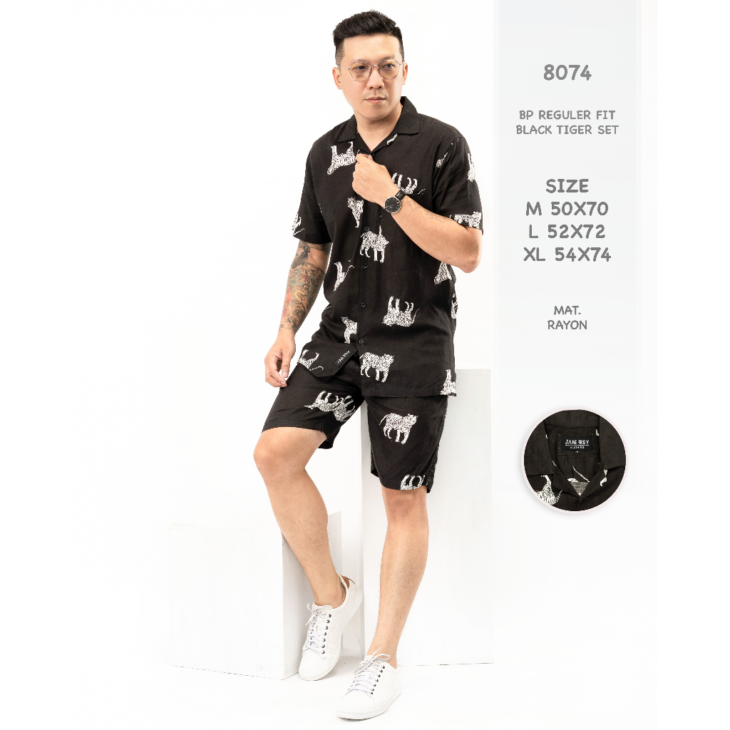 BIG SALE Jane Frey Clothing Setelan Piyama Pria Freypv 8074 Reguler Fit Set Motif M-XL Kemeja Tie