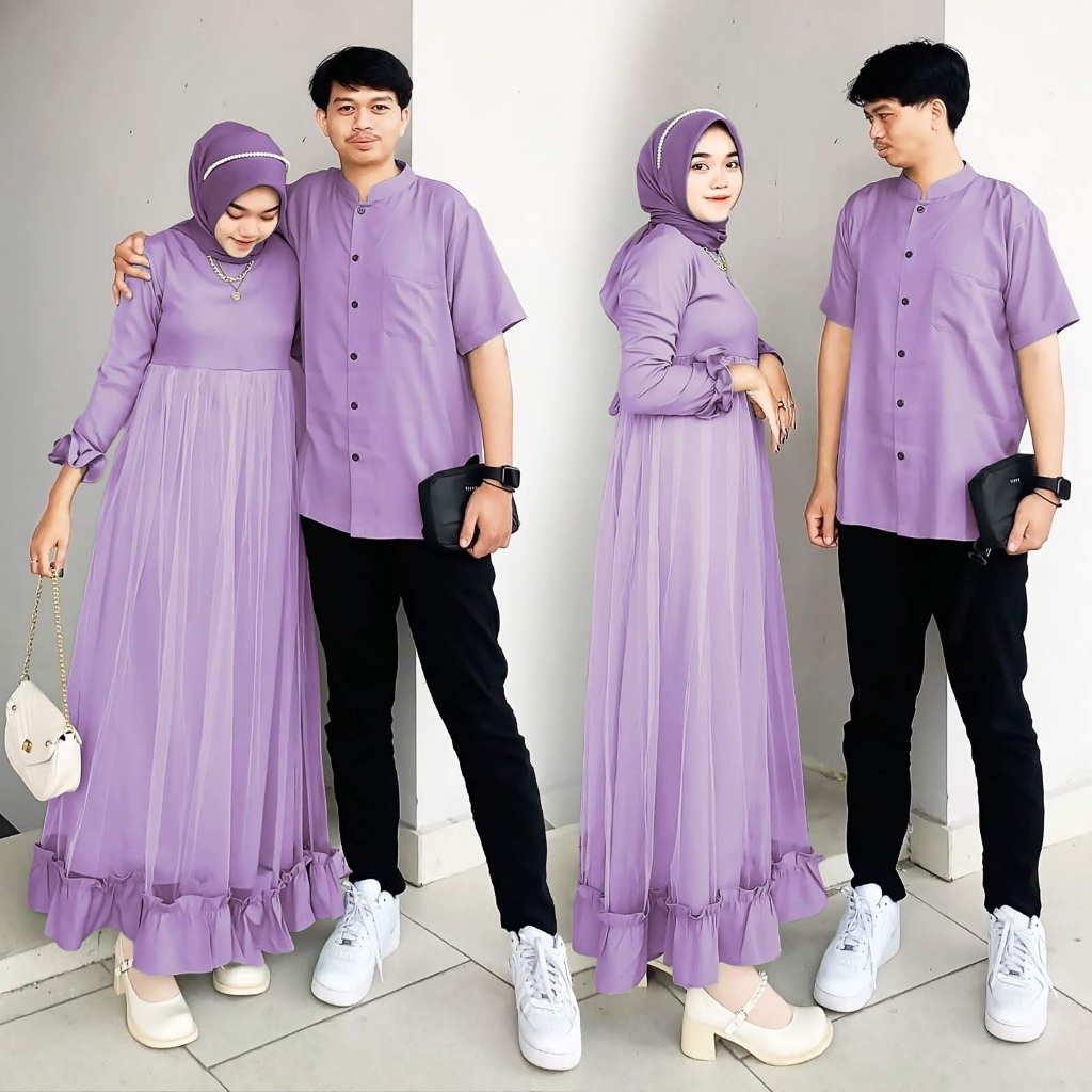 ELDE 12 - Couple Marhaban Bahan Shakila Full Lapis Tile Maxi Sleting Belakang Ada Tali Ikat Nempel Kiri Kanan + Kemeja Ada Saku