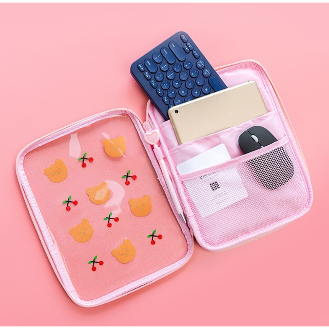 Sleeve Pouch iPad 5 6 7 8 9 AIR 1 2 Mini Slot Organizer Tas Tab Apple Sarung Tablet Huawei MatePad T10 T8 10.1 10.4 11 12 13 inch Kantong Case Cover Bag Casing Pelindung Kids Anak Cewek Motif Kartun Beruang Warna Pink Ungu Waterproof