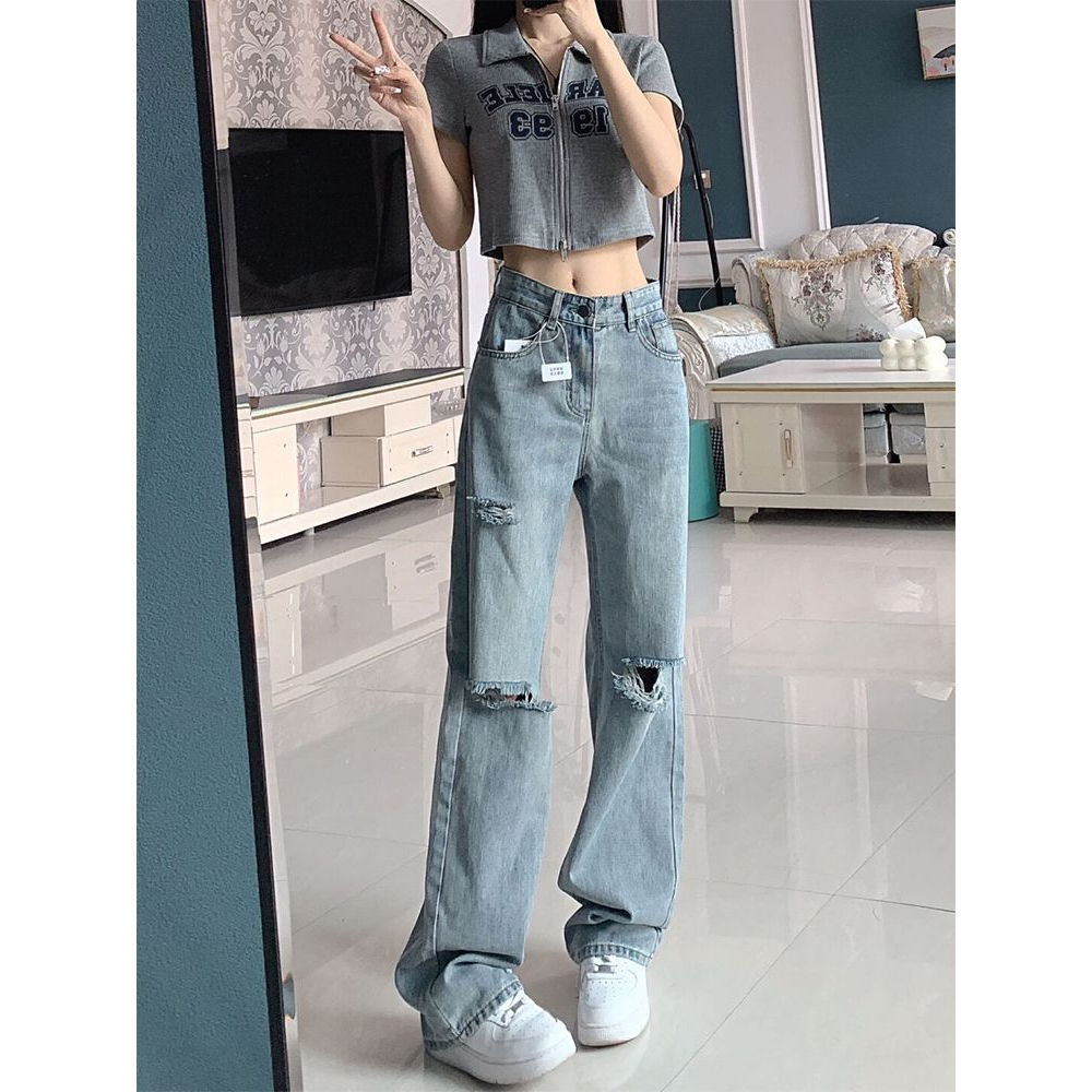 Biru muda highwaist sobek celana jeans panjang wanita import terbaru