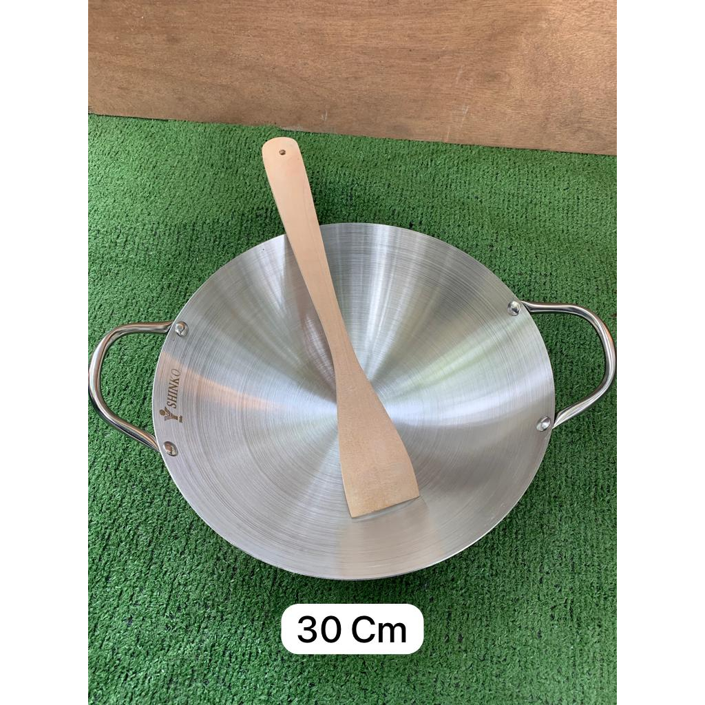 Wajan penggorengan kuali stainless steel shinko tebal anti lengket anti gosong free spatula kayu ukuran 24cm, 26cm, 28cm, 30cm, 32cm