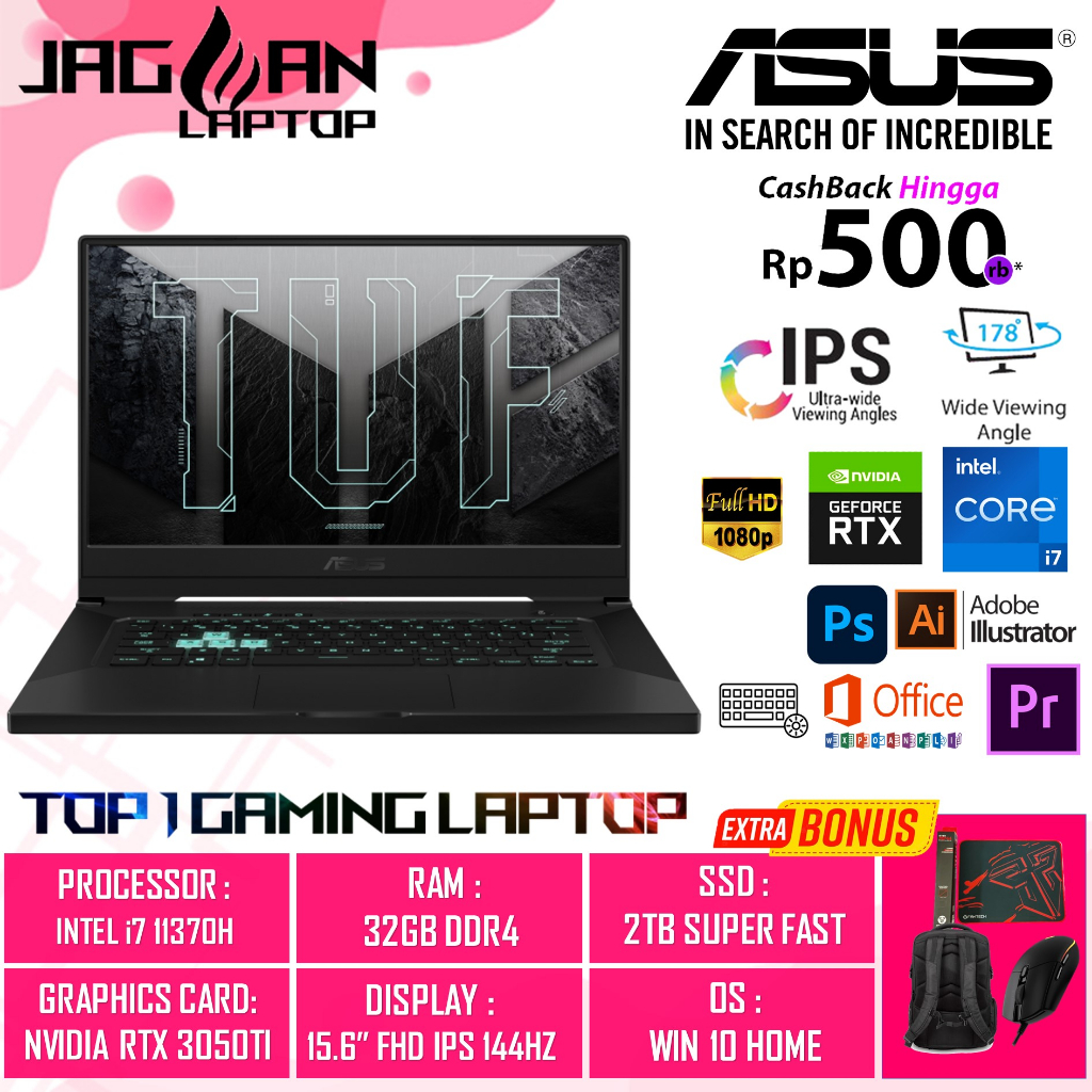 Laptop Gaming Asus Tuf Dash F15 Fx516PE Intel I7 11370H 32GB 2Tb SSD Rtx 3050Ti-4Gb 15.&quot; FHD IPS 144HZ W10h