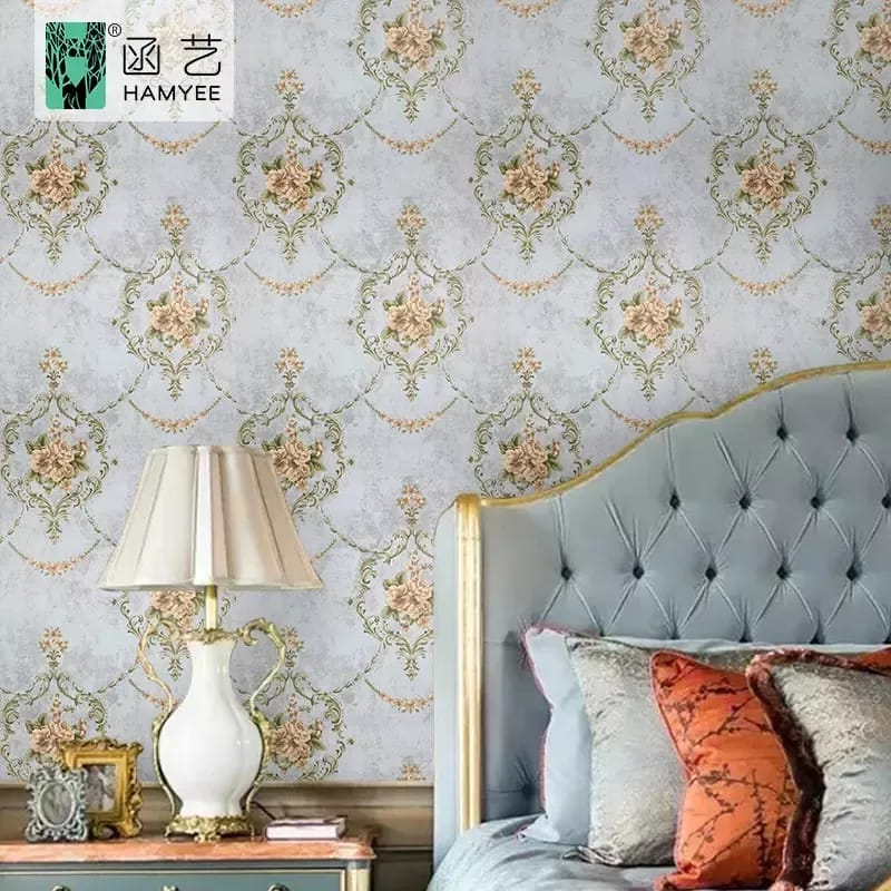 (PROMO) Gudang Wallpaper Stiker Dinding Kamar Tidur Motif Holland Abu Bunga Hijau Vintage Aesthetic Bahan PVC Premium Anti Air dan Anti Noda Berkualitas Terbaik Grade A+ Sudah Ada Lem