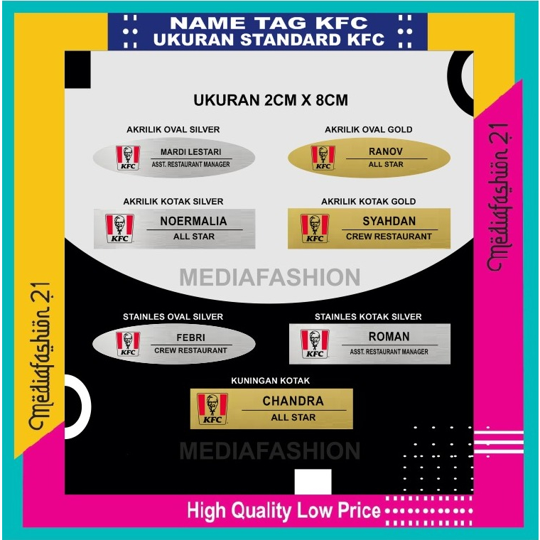 

Name Tag / Papan Nama KFC (Bahan Akrilik - Stainles - Kuningan)