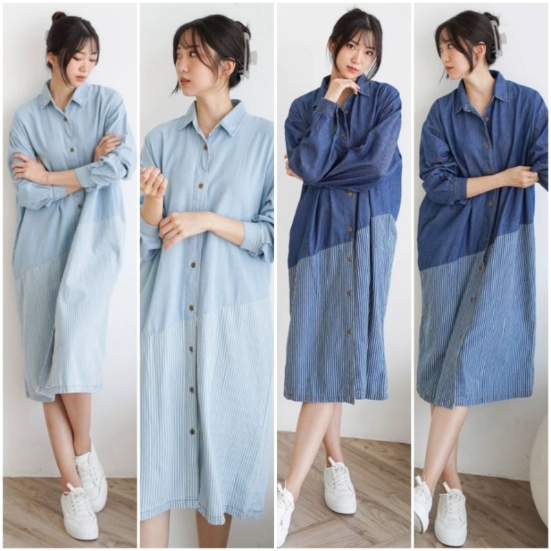 ♡ PREMIUM ♡ ORIGINAL ! VRENIES DENIM BIG SIZE LONG SLEEVE COLLAR BUTTON PLAIN COMBINATION WITH STRIPE JEANS MIDI LOOSE DRESS ( BUSUI &amp; BUMIL FRIENDLY)