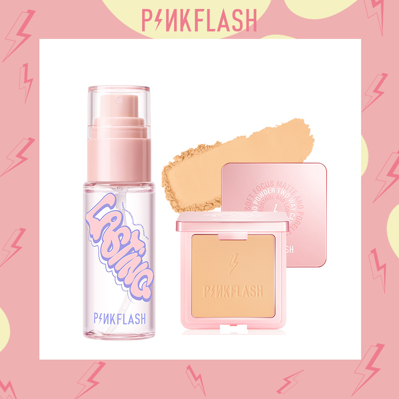 Pinkflash 2 Pcs Face Makeup Set Matte Oil Control Bedak Padat Pressed powder Hydrating Setting Spray Matte Finish Long Lasting