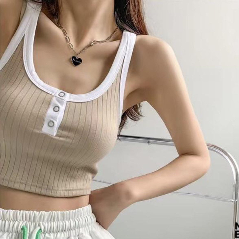 Tanktop Crop Import 100% (T139)| Tank top Wanita Korea Kancing 3 Hidup