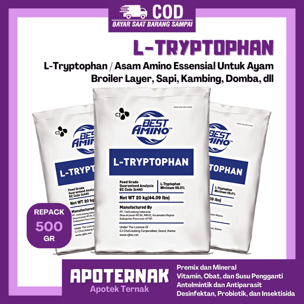 L-TRYPTOPHAN | Triptopan Asam Amino Essensial Hewan | Best Amino CJ Cheil Jedang | 500 gr