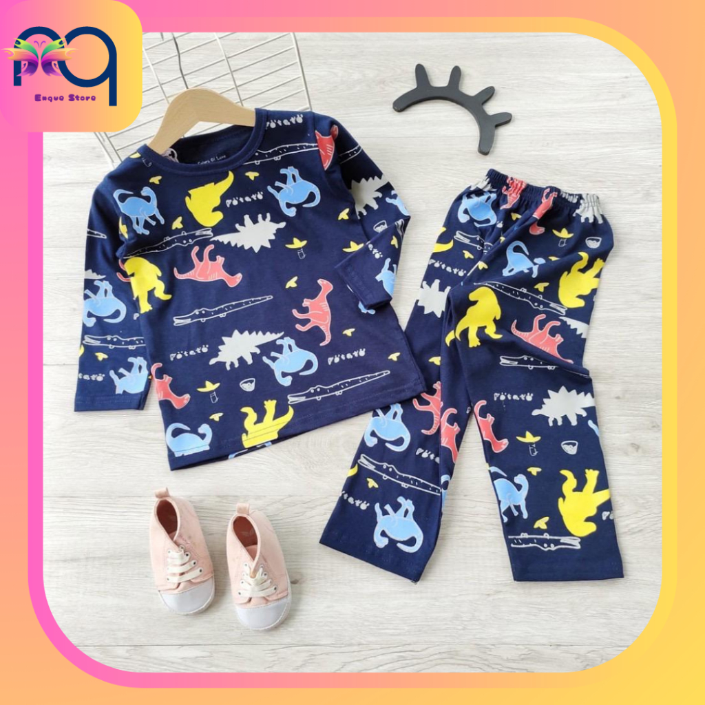 Setelan Anak Laki Laki Motif Dino Potato | One Set Anak | Baju Tidur Anak | Kaos Lengan Panjang dan 