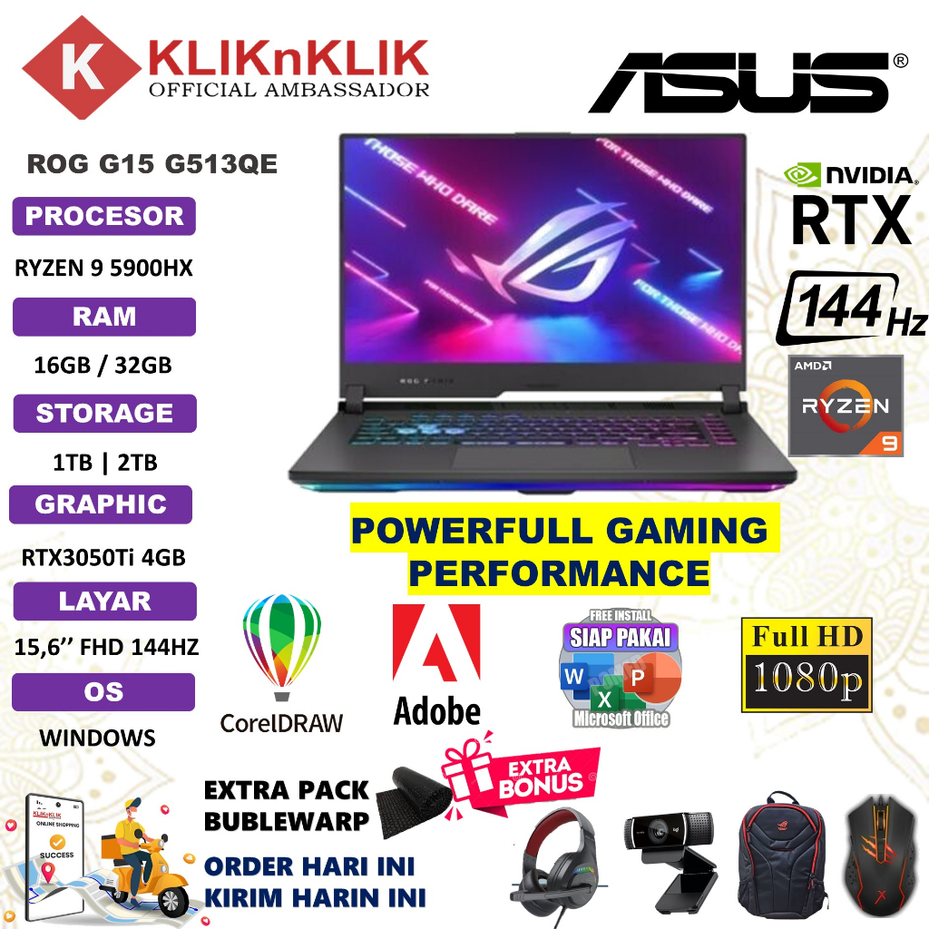 Laptop Gaming Asus Rog G513QE AMD Ryzen 9 5900HX 32GB 2TB RTX 3050Ti-4GB 144Hz 15,6&quot; Window 10 home