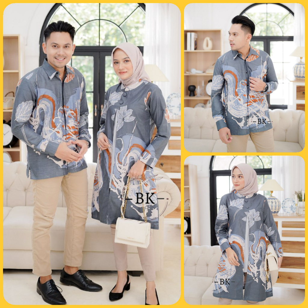 BATIK COUPLE MODERN MOTIF BANYUMILI ABU KEMEJA &amp; TUNIK BOLERO RESLETING BELAKANG BATIK ATASAN BATIK WANITA BATIK PRIA