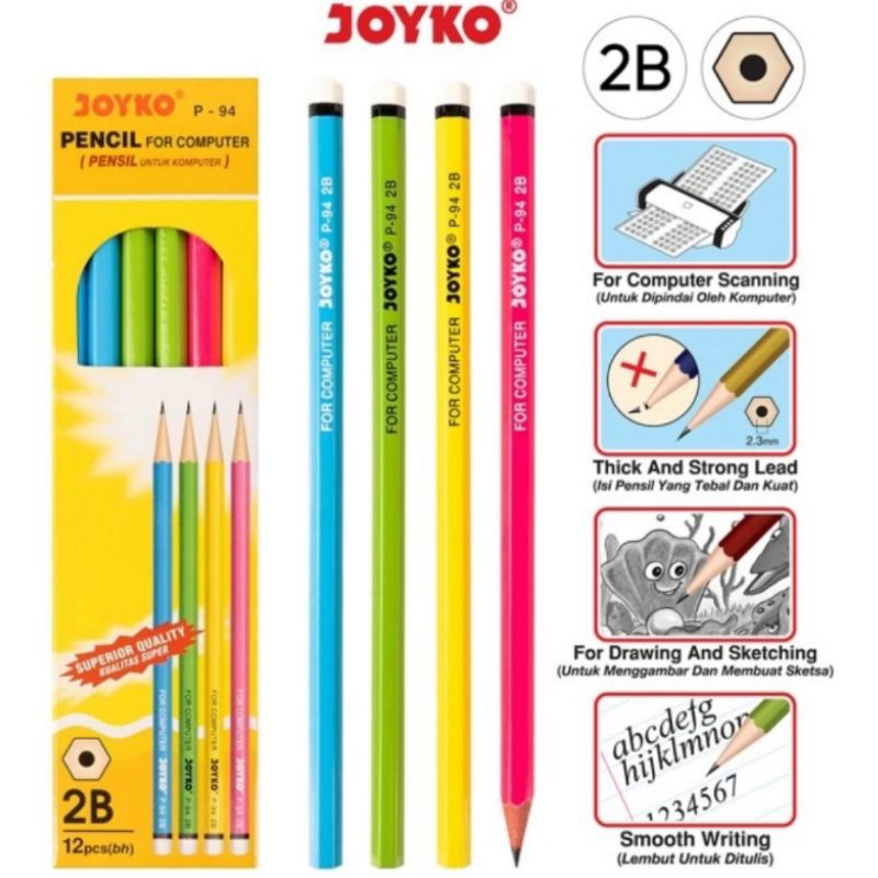 

Pensil 2B P-94 warna warni cerah, P-6161, P-107 per pack (12 pcs) / Pensil P-94, P-6161, P-107 per lusin