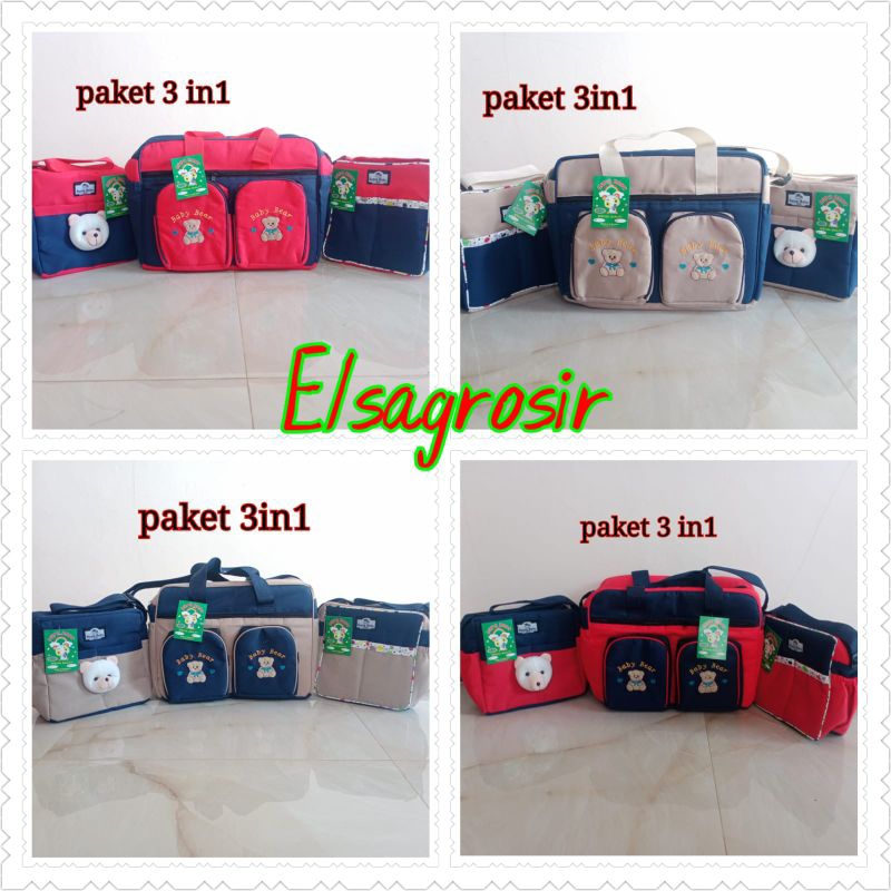 Paket 3in1 Tas bayi besar tas bayi beruang dan tas bayi saku polos