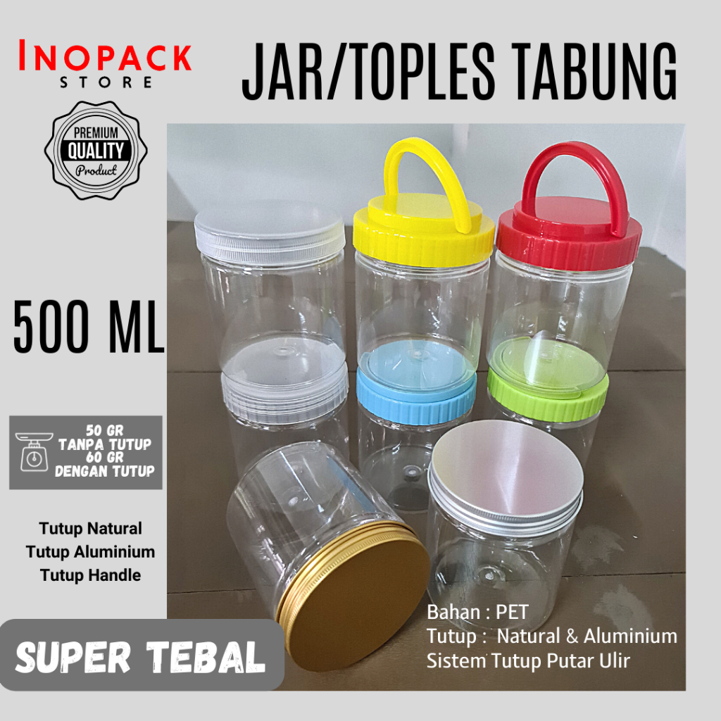 Jar silinder 500ml/toples tabung plastik PET kue kering cemilan+tutup