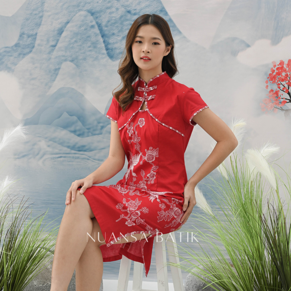 Nuansa Batik Dress Batik Cheongsam Midi Bahan Katun Stretch