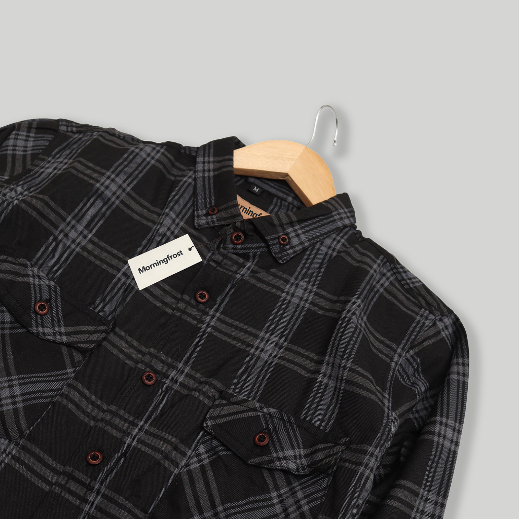 Morningfrost Double Pocket Kemeja Flanel  Kotak Kotak Exclusive Black