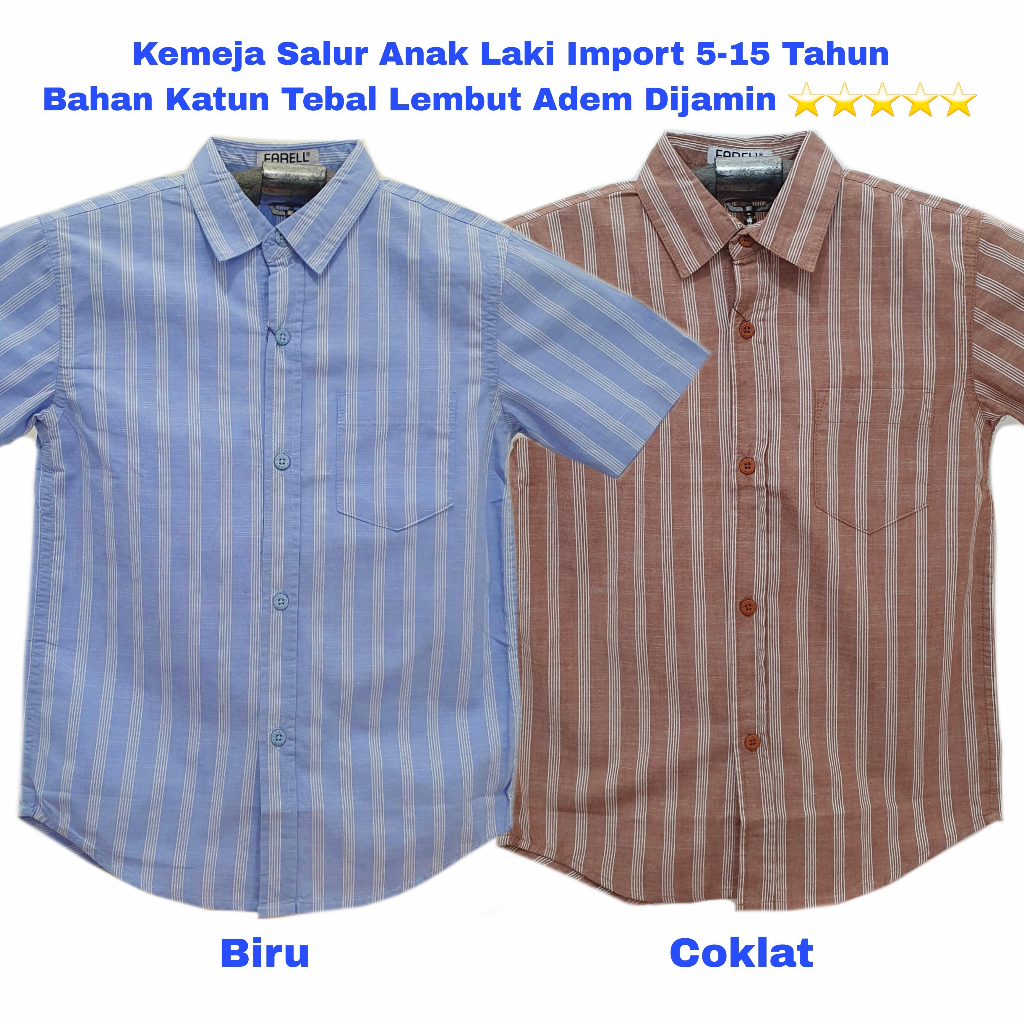 Kemeja Katun Salur Anak Laki Laki 5-15 Tahun Lengan Pendek Hem Tanggung Remaja Warna Biru Coklat
