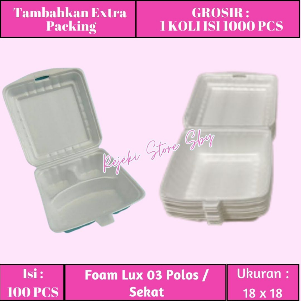 (100 PCS) Styrofoam Lux 03 Polos / Sekat | 18 x 18 x 7 cm | Foam Nasi Tanpa Sekat / Dengan Sekat