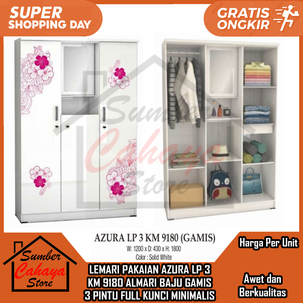 [Instant] Lemari Pakaian Azura Lp 3 Km 9180 Almari Baju Gamis 3 Pintu Full Kunci Minimalis Modern Te