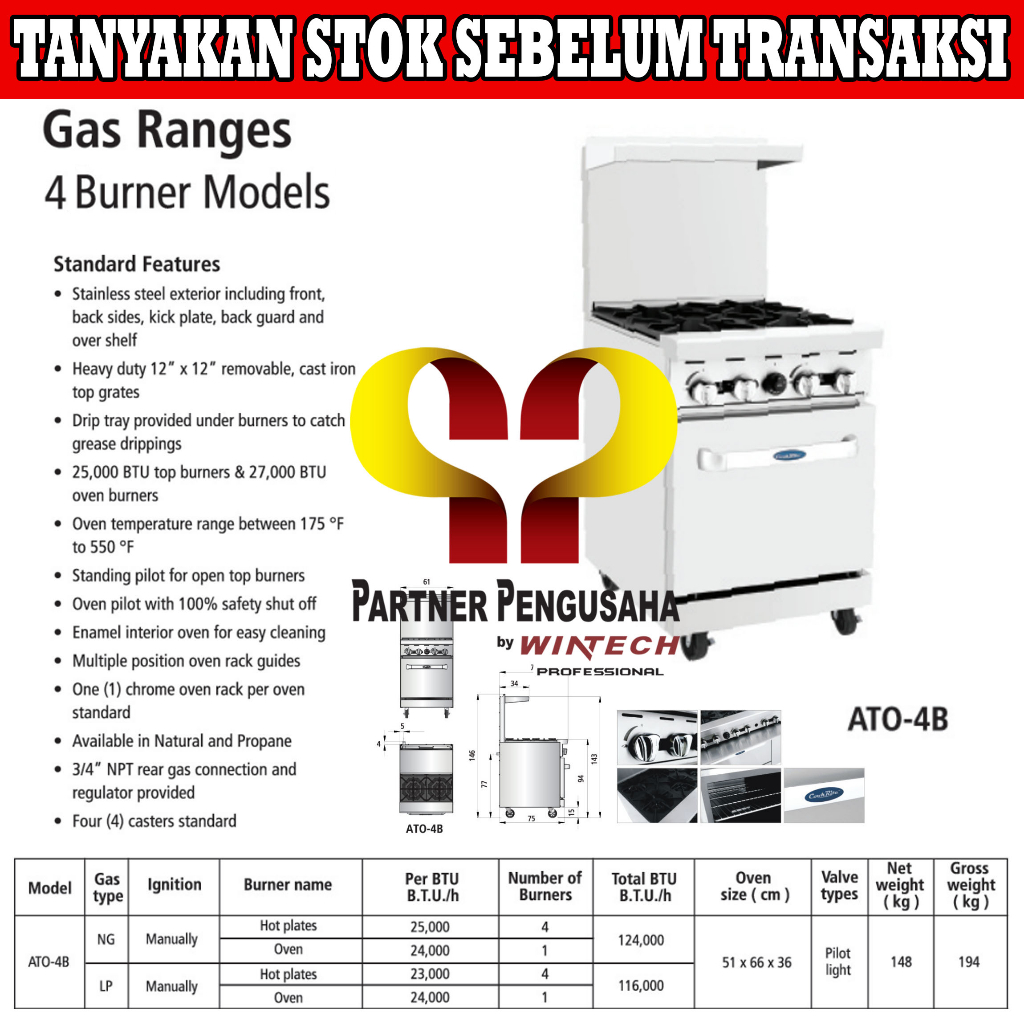 COOKRITE ATO 4B Gas Open Burner Kompor Komersial 4 Burner With Oven