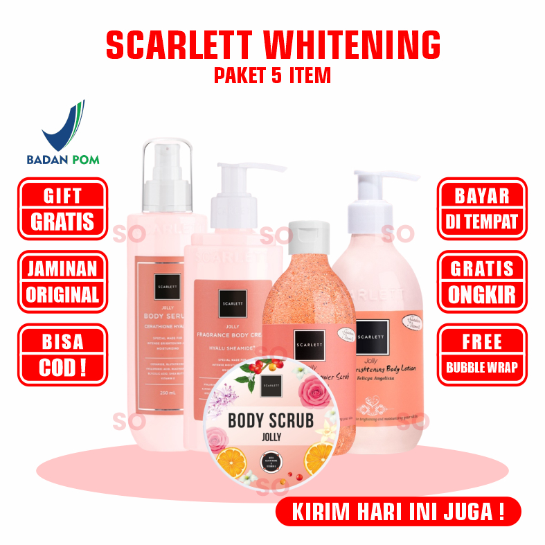 Scarlett Whitening Paket Hemat 5 Item [Free Gift] COD Sepaket Acne Brightly Serum Body Lotion Toner