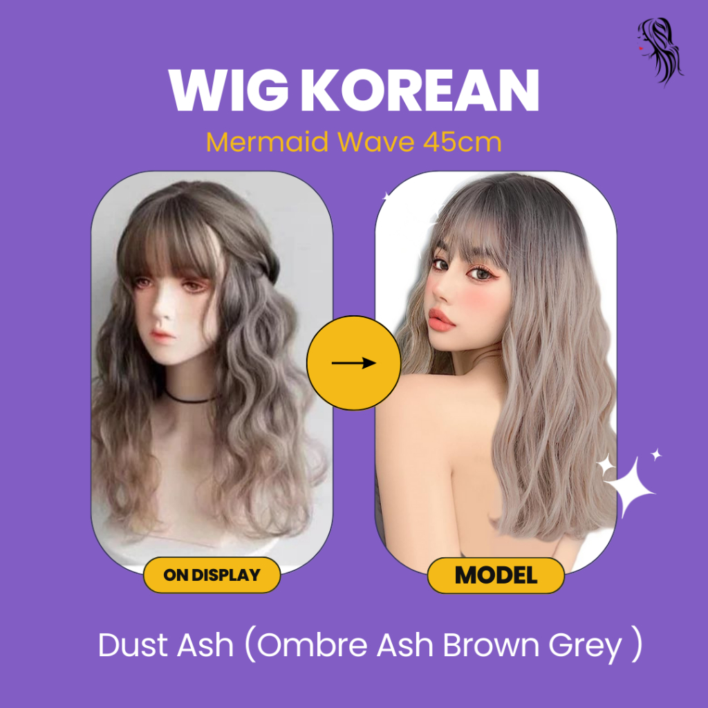 Silky Full Wig Korean Dust Ash 45-55cm Ombre Ash Brown Grey rambut palsu pendek wanita daily cosplay