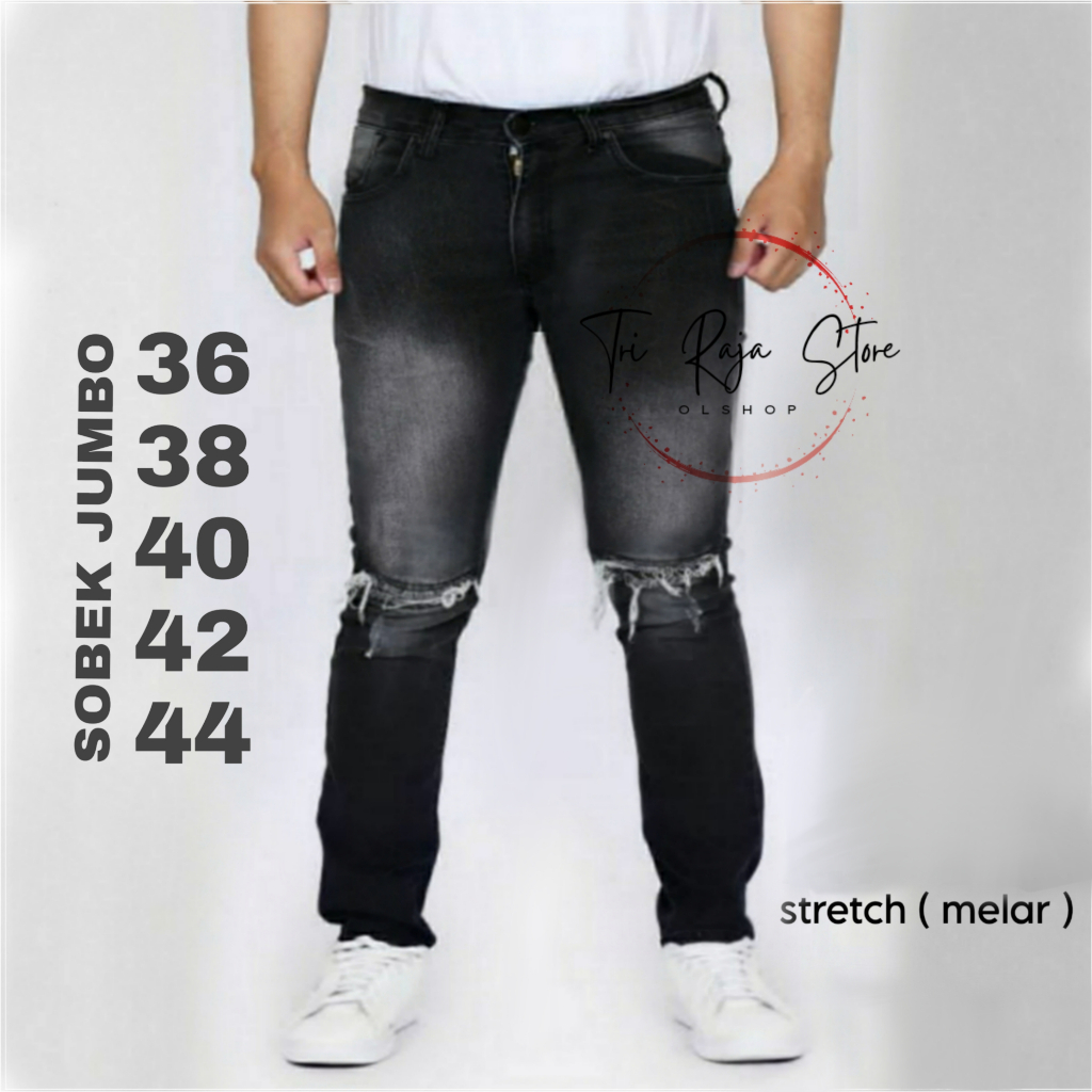 SOBEK JUMBO 35-44 Celana Jeans Sobek Big Size Slimfit Pria bahan Melar / Jeans Sobek Jumbo Pria Slim