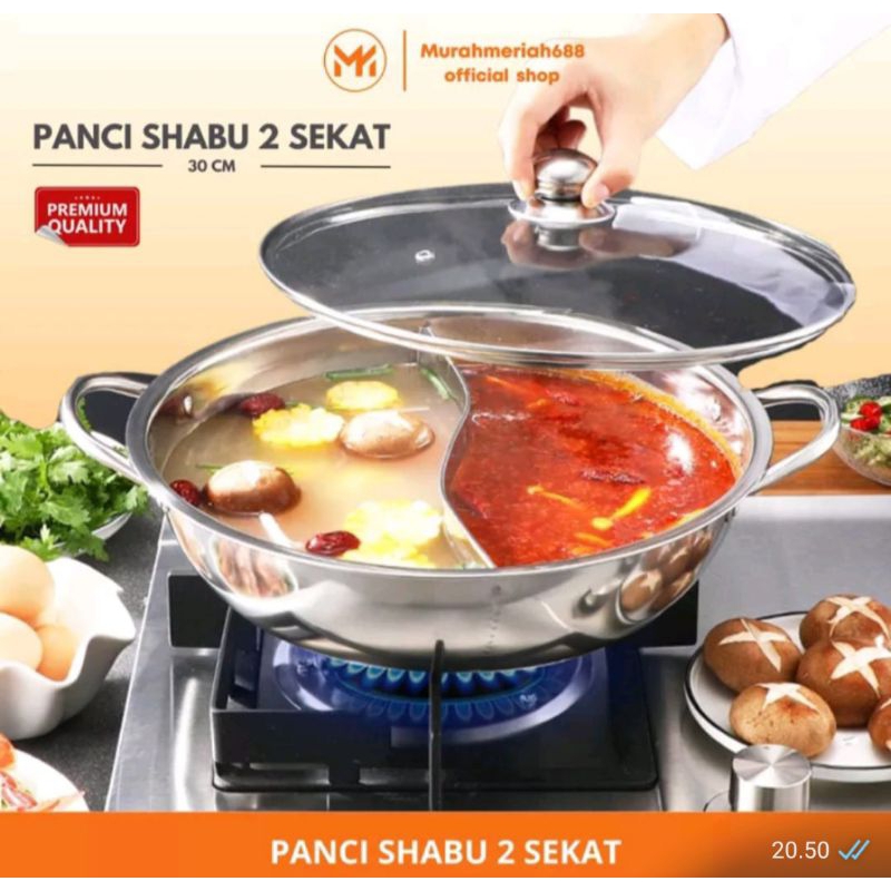 Panci shabu suki 2sekat.tutup kaca uk 30cm stainlies anti lengket