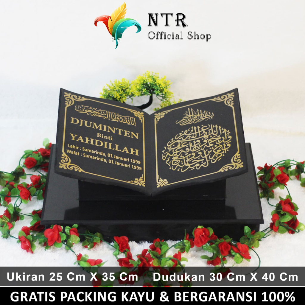 Batu Nisan Makam Granit Lengkap Full Set Model Bentuk Buku Alquran Dan Dudukan Maesan Kijing Hitam Putih Kuburan Marmer Keramik Ukir Asli Anak Bayi Islam Kristen FG 25 X 35 / 30 X 40