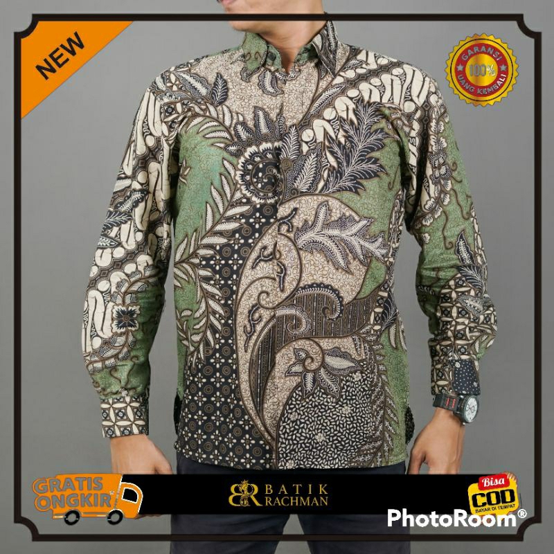BATIK RACHMAN Baju Kemeja Hem Batik Pria Cowok Lengan Panjang Premium Modern Terbaru 2023 Warna Hija