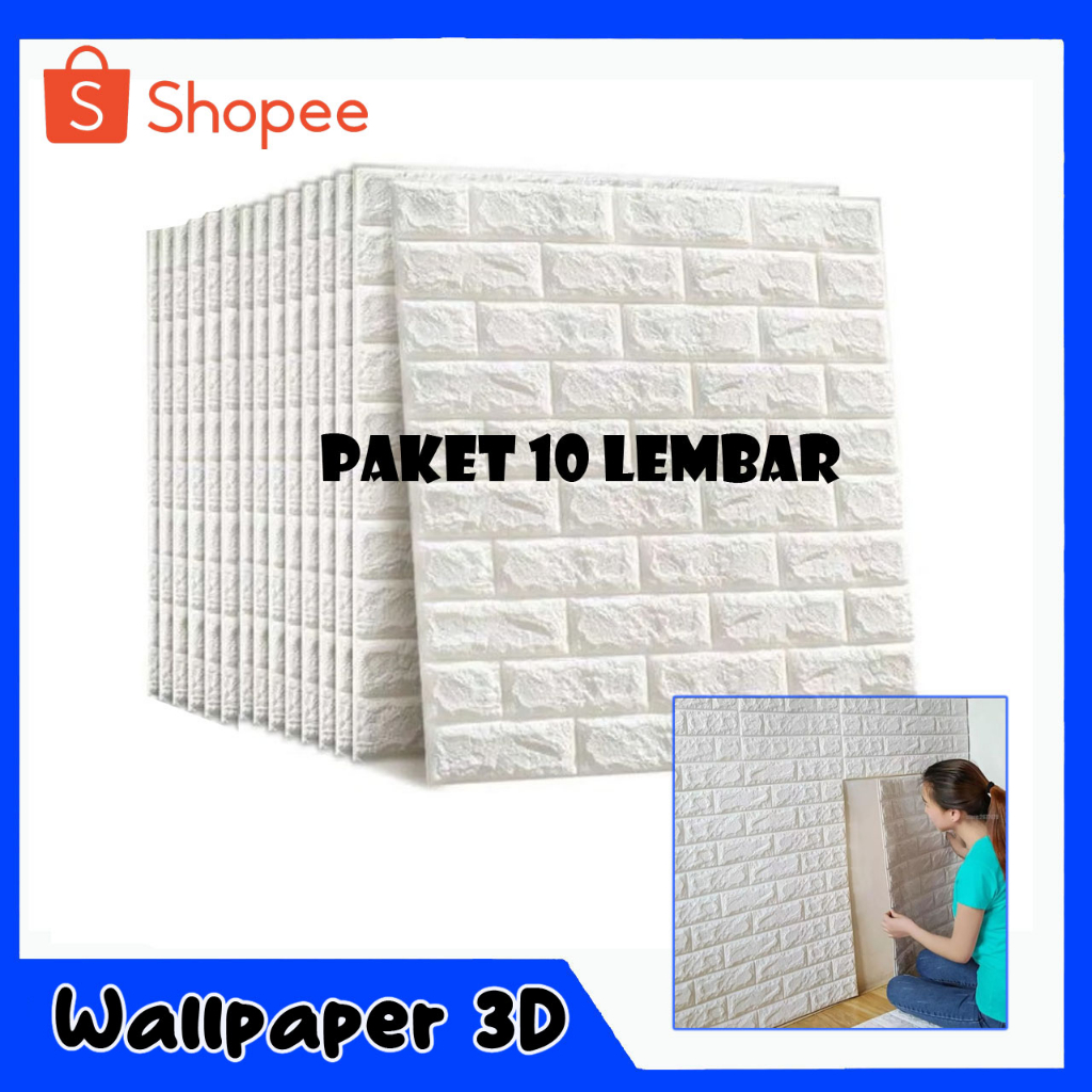 Wallpaper Dinding 3D Isi 10 Lembar Motif Batu Bata Putih // Wallpaper Dinding 3D Timbul Motif Batu B