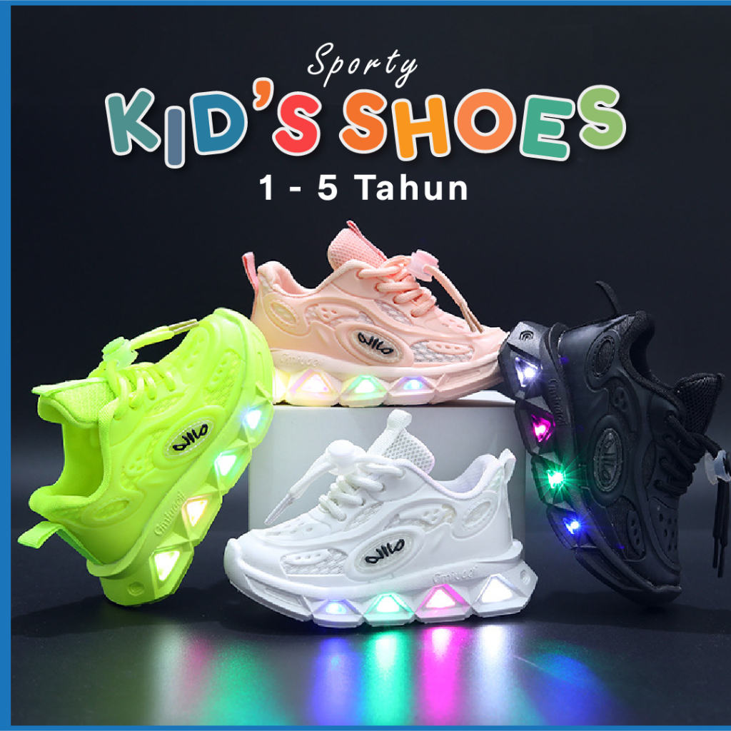 GUMIHO - Sepatu Sneaker LED Anak Laki Laki Perempuan Sport Import Usia 1 - 5 Tahun Type MGV