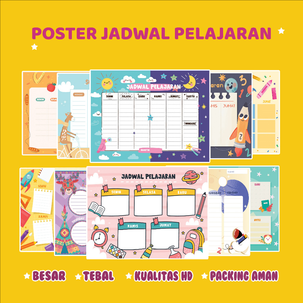 POSTER JADWAL PELAJARAN - PAPAN JADWAL - JADWAL MATA PELAJARAN PAUD TK SD A3+