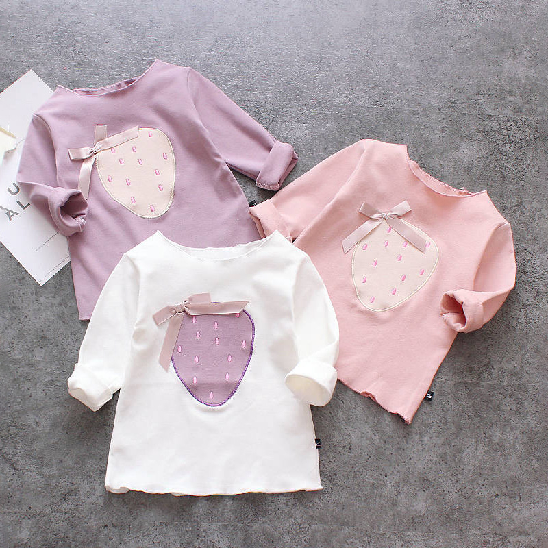 [Espaso] Baju Kaos T-Shirt Anak Perempuan Lengan Panjang Motif Strawberry Warna Putih, Pink Dan Ungu