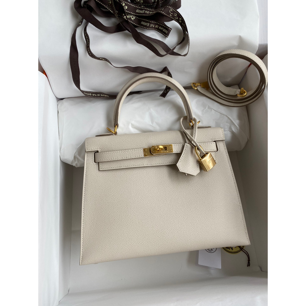 Herm Kelly 25cm imported Epsom leather milk shake with white brushed gold buckle