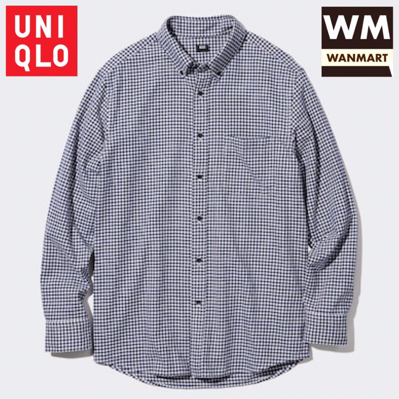 UNIQLO Men Kemeja Flannel Kotak Pria Lengan Panjang Flanel Navy