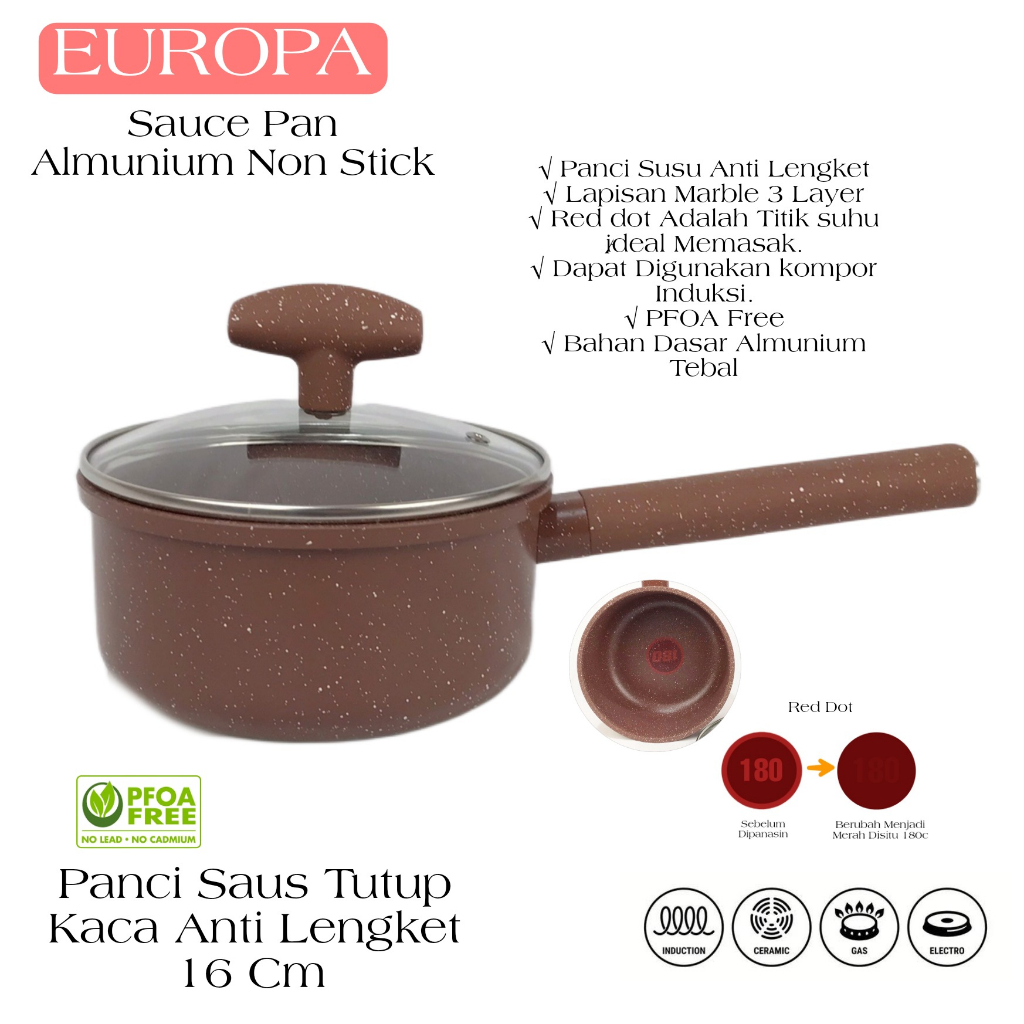 EUROPA SaucePan 16 Cm YSP-16 Coating Marble NonStick FryingPan Ret Dot