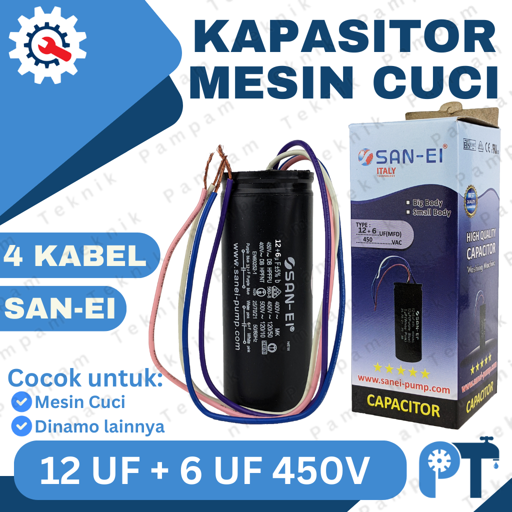 KAPASITOR MESIN CUCI 2 TABUNG 12+6UF 450V SANEI ORIGINAL / CAPACITOR 4 KABEL SAN-EI 12 + 6 UF 450 VO