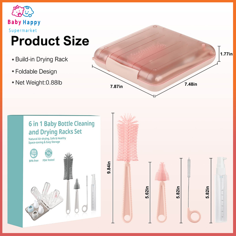 2023 Set Sikat Botol Bayi 6 In 1 Dengan Rak Pengeringan Botol Perjalanan 360 ° Membersihkan Sikat Botol Bayi Sikat Nipple Sikat Pembersih Jerami